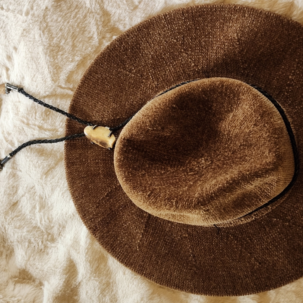 Womens Brown, Soft fabric, & Floppy Brim Hat. Bolo W Cream/brown Bolo Stones